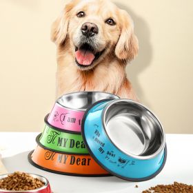 Stainless steel dog bowl; color anti-skid dog bowl; cat bowl (Colour: 16Cm, size: Green Cartoon)